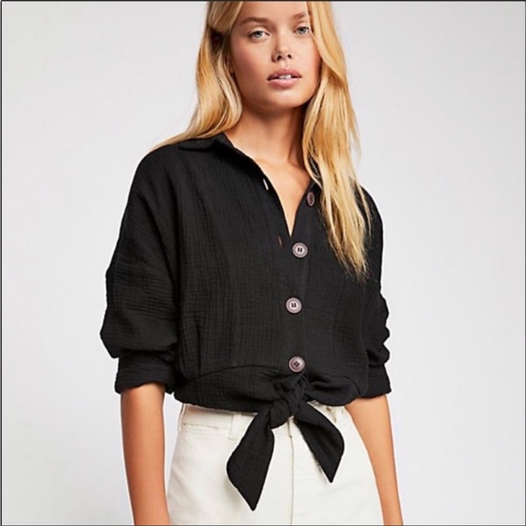 Free People Tops - FREE PEOPLE Sunstreaks Front Tie Top Cotton Long Sleeve Large